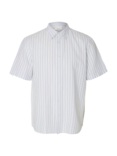 Selected - SLHRegclay Linenblend Kurzarmhemd - Dusty Blue/ Wide White